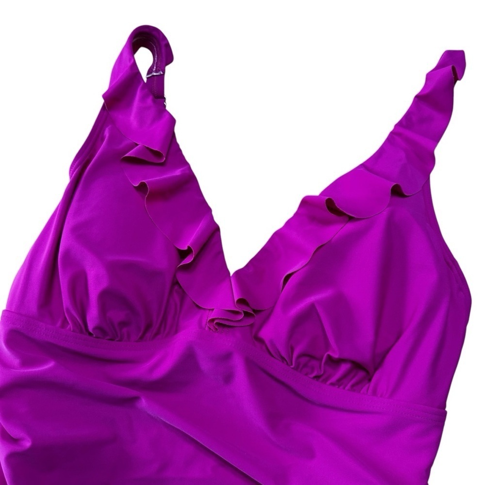 Dkny Ruffle Plunge Underwire Tummy Control One-Piece Swimsuit Dark Pink Sz 16 - Picture 4 of 13
